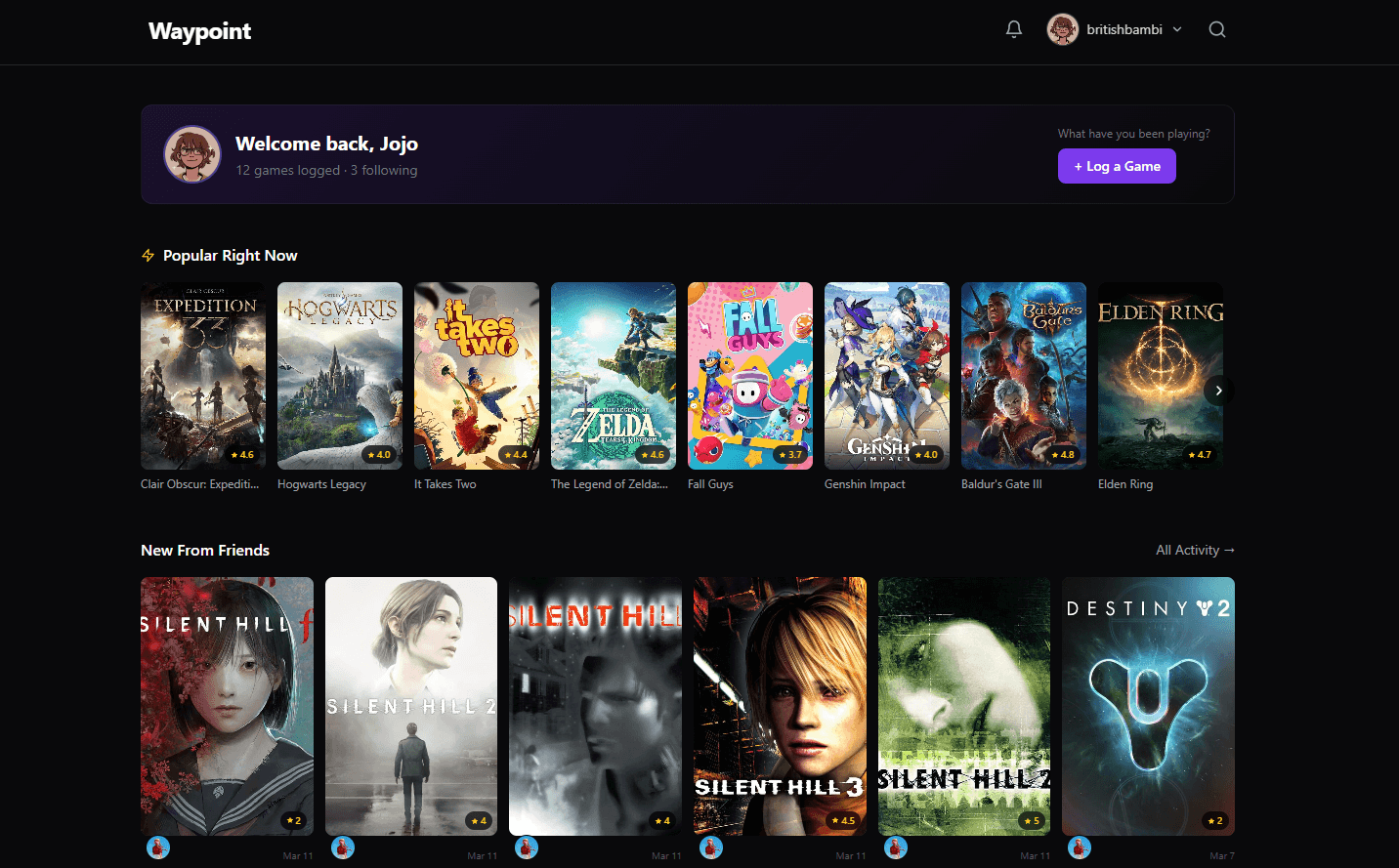 Waypoint — gaming backlog tracker showing a user's Steam library and social feed